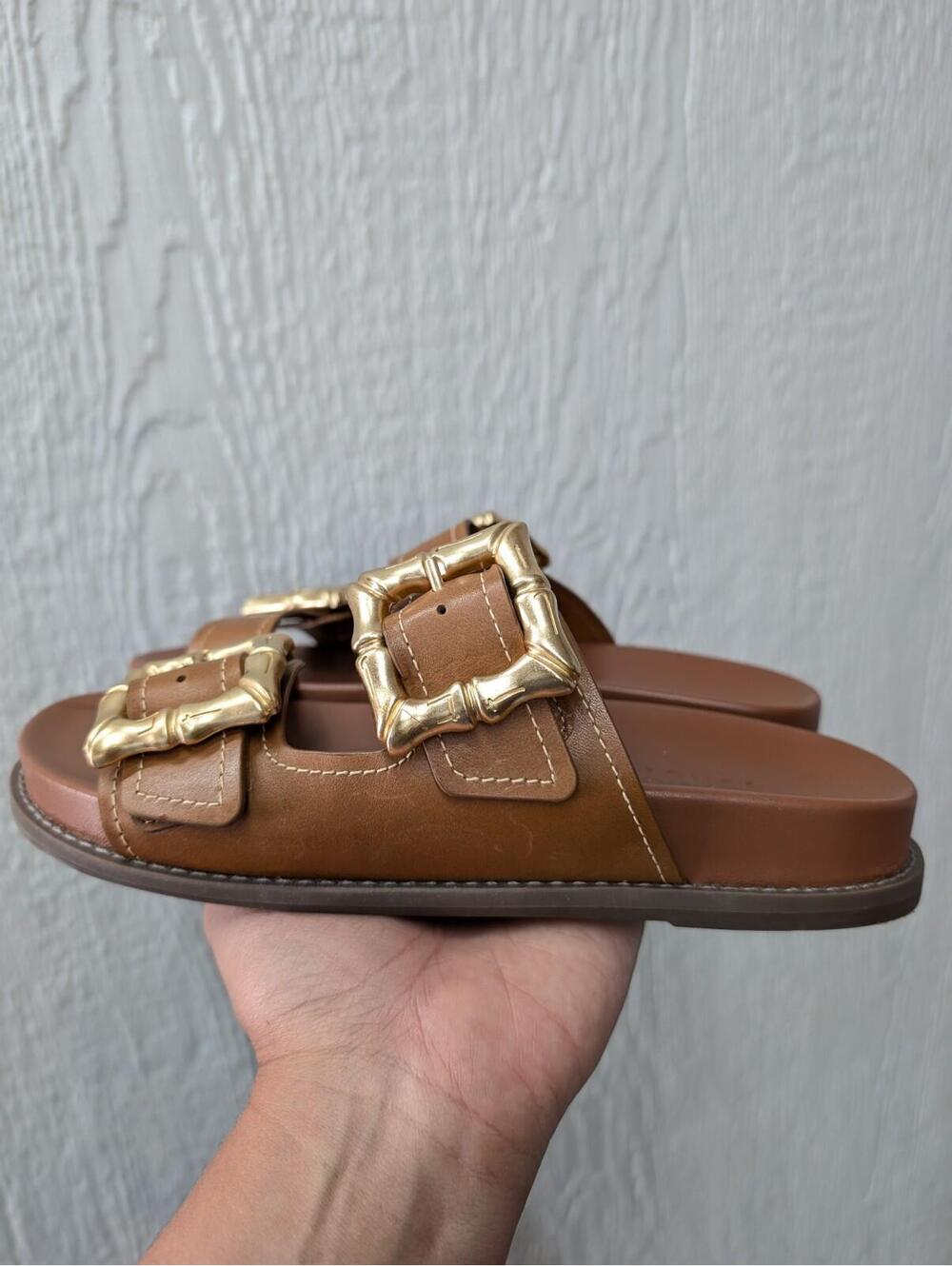 SHUTZ Enola Sporty Leather Slides Sandals Gold Buckles Women's Size 8 - Picture 8 of 9